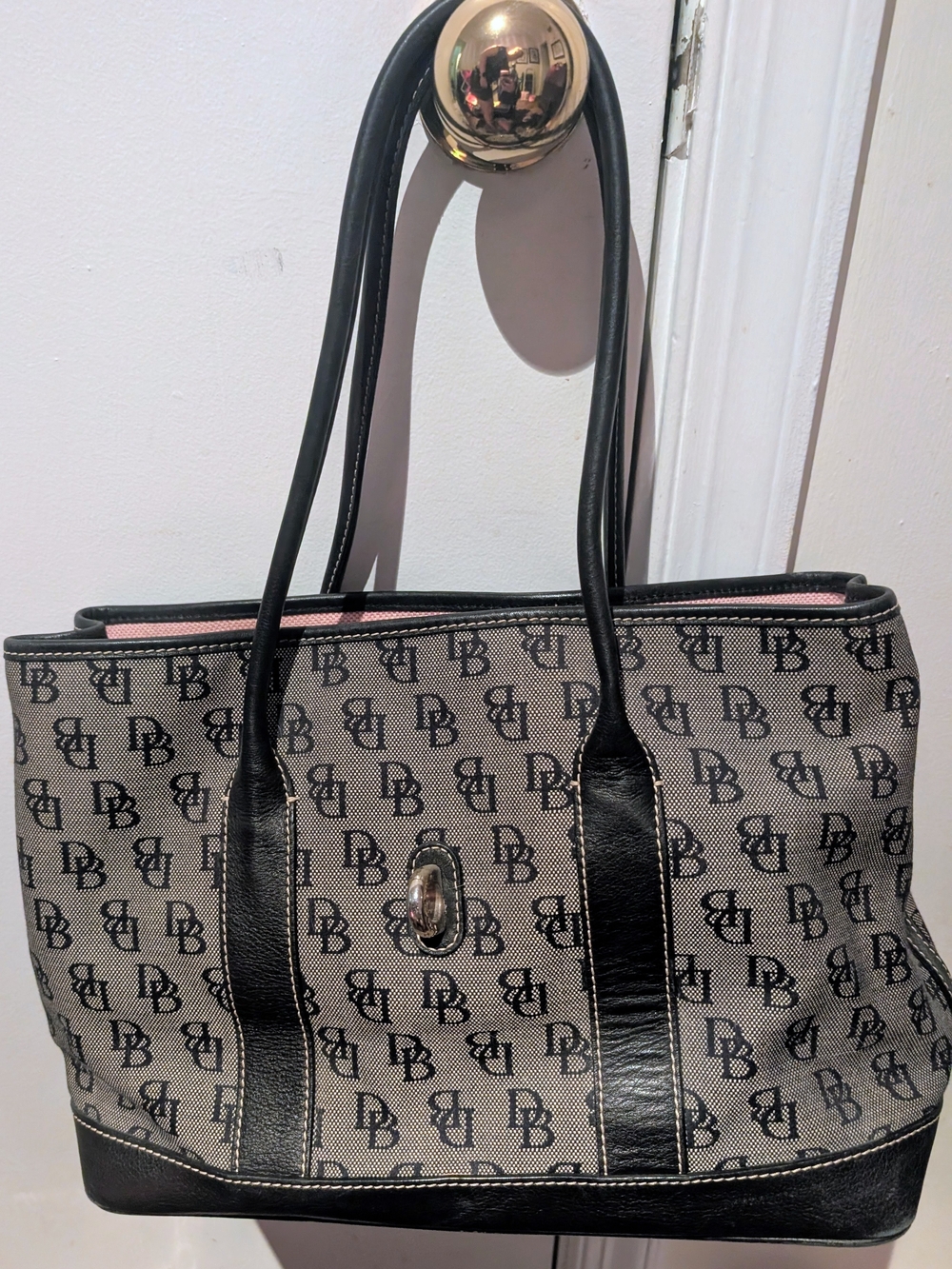 Dooney & Bourke Canvas Tote Bag with Black Trim and Pink Interior
